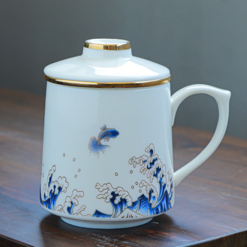Suet-fat jade white porcelain tea set water cup office cup ocean wave deer mug ceramic office cup with lid painted with gold as a gift