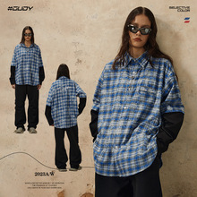 #OVDY 美式街潮嘻哈格子衫假两件设计高街字母刺绣晕染翻领开衫潮