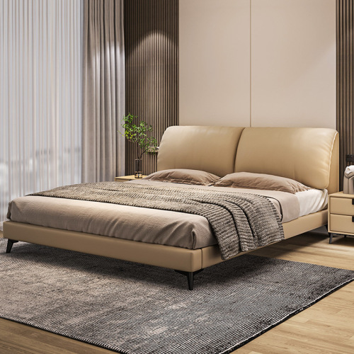 Italian Minimalist Elephant Ear Genuine Leather Bed, Lightweight Minimalist Master Bedroom Upholstered Edge Double Bed with Storage, Wedding Bed
