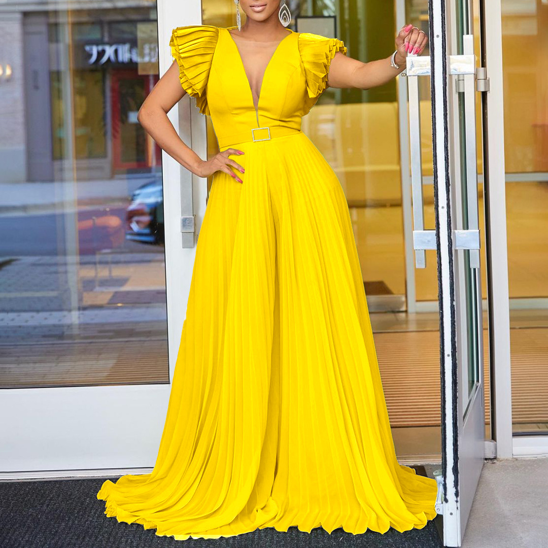 Women's Clothing sexy deep V pleated wide leg large size jumpsuit_voghion.com