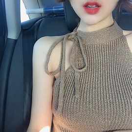 夏季韩版Chic风复古显瘦纯色针织斜肩上衣女露肩挂脖系带吊带背心