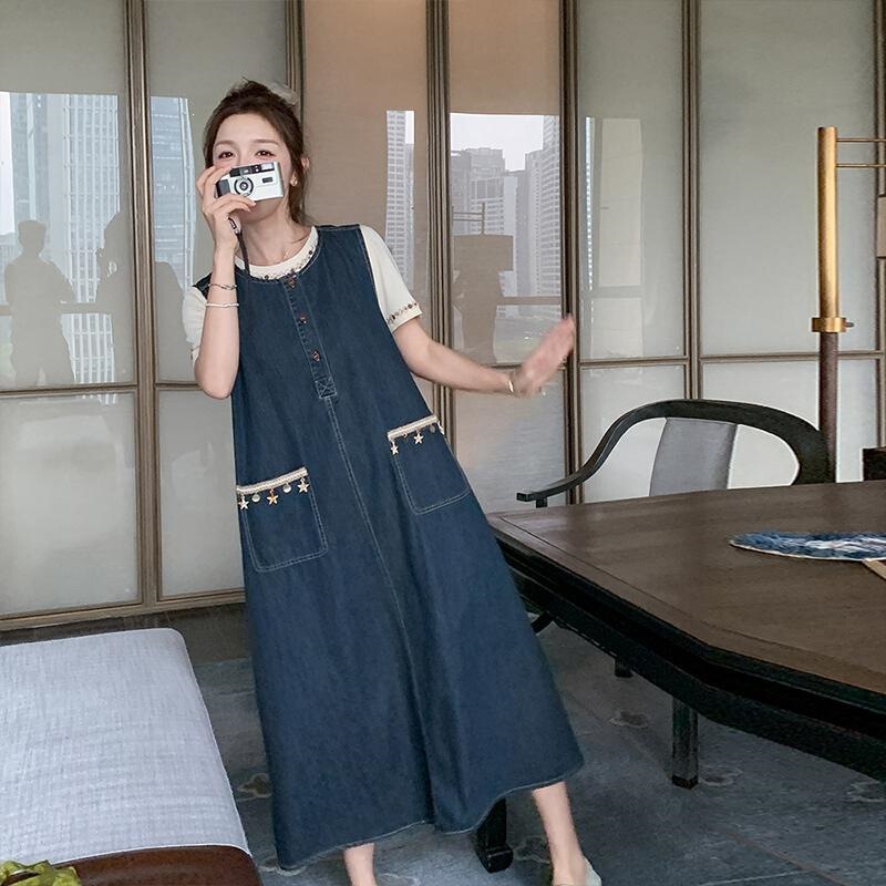 Retro Patchwork Denim Vest Dress Set for Women 2026 Summer New Style Beautiful Sleeveless Dress for Petite Figures Retro Patchwork Denim Vest Dress Set for Women 2026 Summer New Style Beautiful Sleeveless Dress for Petite Figures