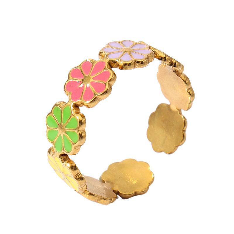 12g Weight Open Rings Classification Adjustable Ring Size 1 Piece Quantity Holiday, Daily Occasion 304 Stainless Steel Material Stripe, Flower Pattern Unisex Gender Enamel Design Retro, Sweet Style Wholesale Jewelry Retro Sweet Stripe Flower 304 Stainless Steel Enamel Open Rings 11
