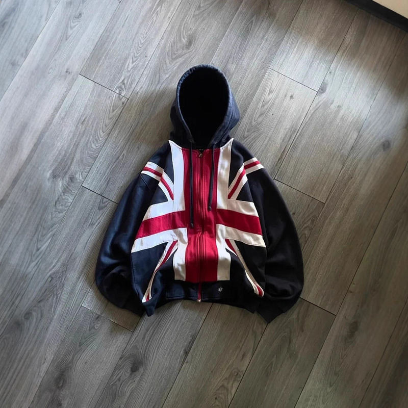 Cross-Border Amazon Best-Selling Union Jack Flag Hooded Zip-Up Sweatshirt, Loose Trendy Brand Jacket, Unisex Casual Top