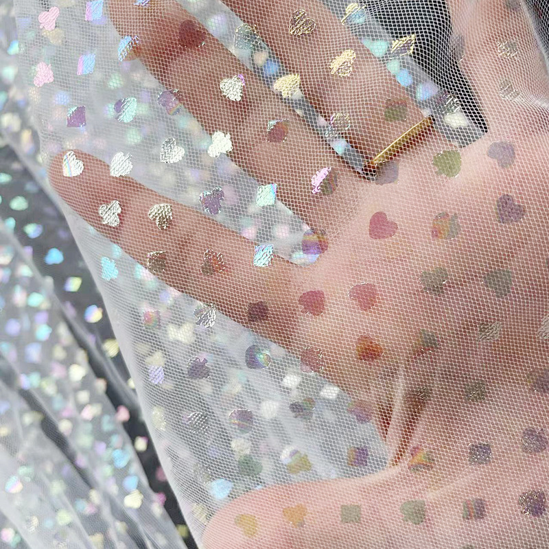 加工锦纶幻彩烫金桃心网纱 透明春夏现货蚊帐网眼布 纱裙网纱面料