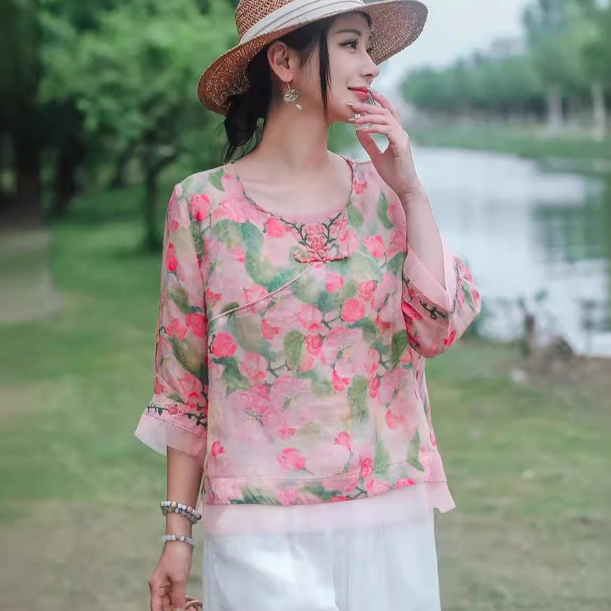 2024夏季新款时尚韩版套头印花上衣 宽松休闲短款中袖苎麻T恤衫女