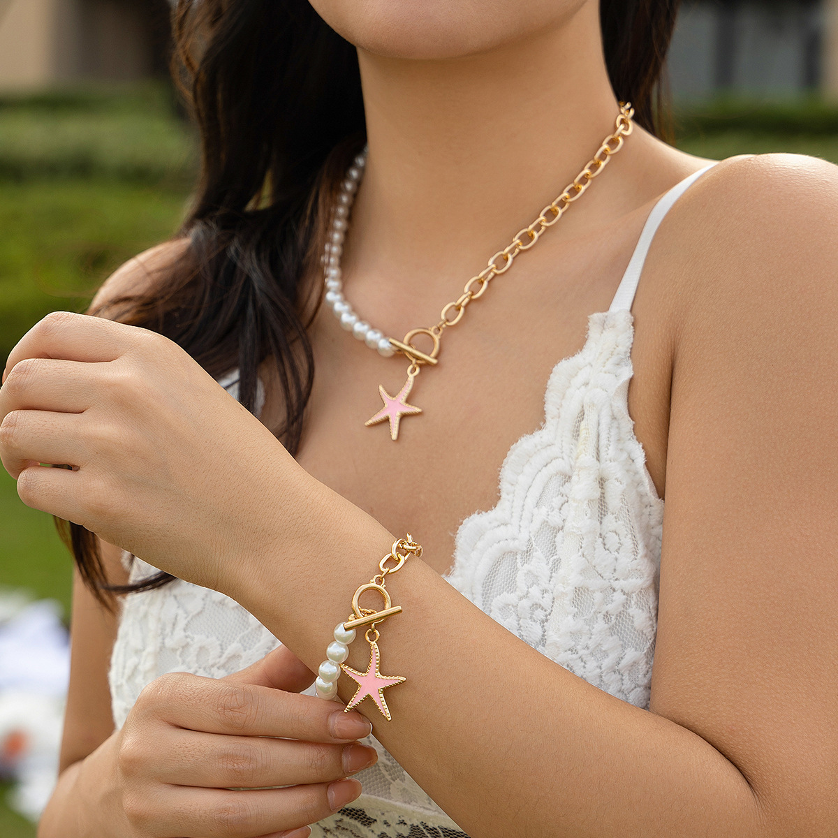 Set gioielli donna collana croce stella e perle sintetiche_voghion.com