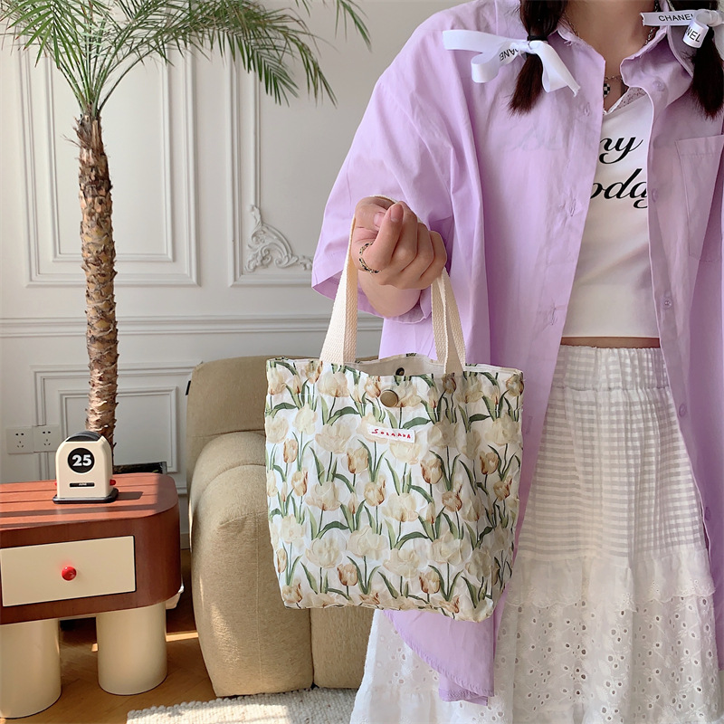 75g Weight Magnetic Buckle Closure Type Top Handle Strap Type Handbag Bags Type Casual Occasion Canvas Material Flower Pattern Spring&Summer Season Women's Gender Vacation Style Square Shape Women's Canvas Flower Vacation Square Magnetic Buckle Handbag 11