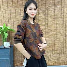 【688#M-4XL/1色】德绒复古新中式圆领长袖上衣宽松休闲显瘦卫衣