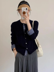 藏蓝色拼接假两件针织开衫女秋季内搭打底衫宽松毛衣短款外套上衣