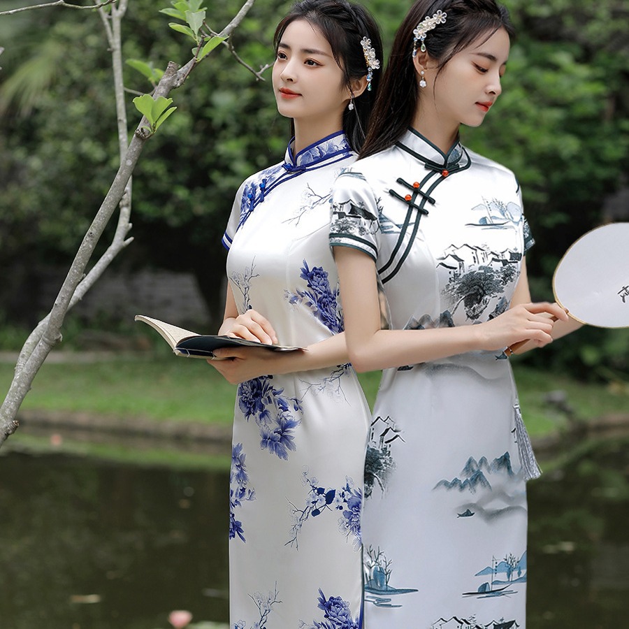 Summer fitted elegant long cheongsam