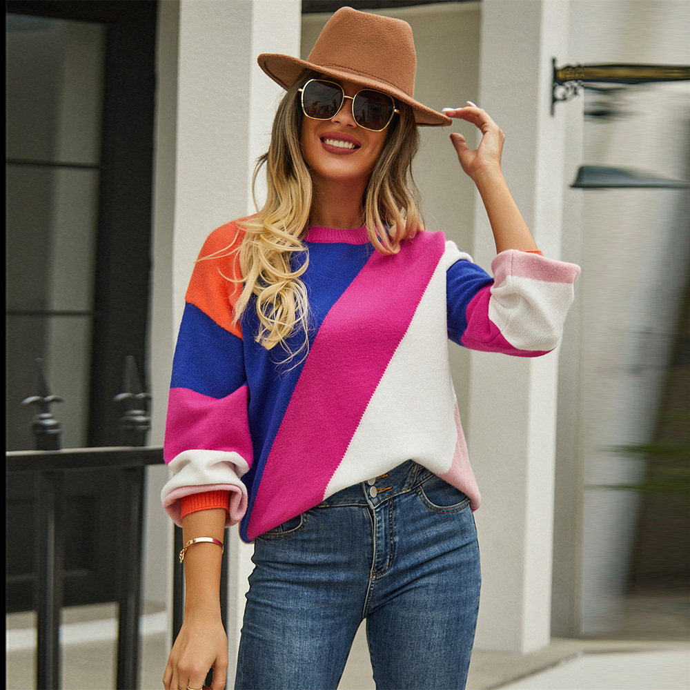 2023 otoño e invierno nuevo europeo y americano Amazon suéter transfronterizo Comercio exterior rayas costura moda cuello redondo INS suéter para las mujeres
