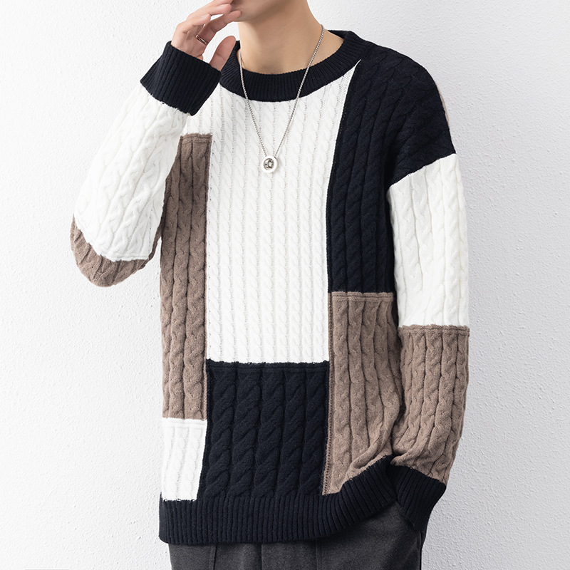 Otoño y invierno suéter de cuello redondo para hombres a cuadros estilo de puerto suelto estudiantes guapo estilo coreano 2025 camiseta de punto casuales