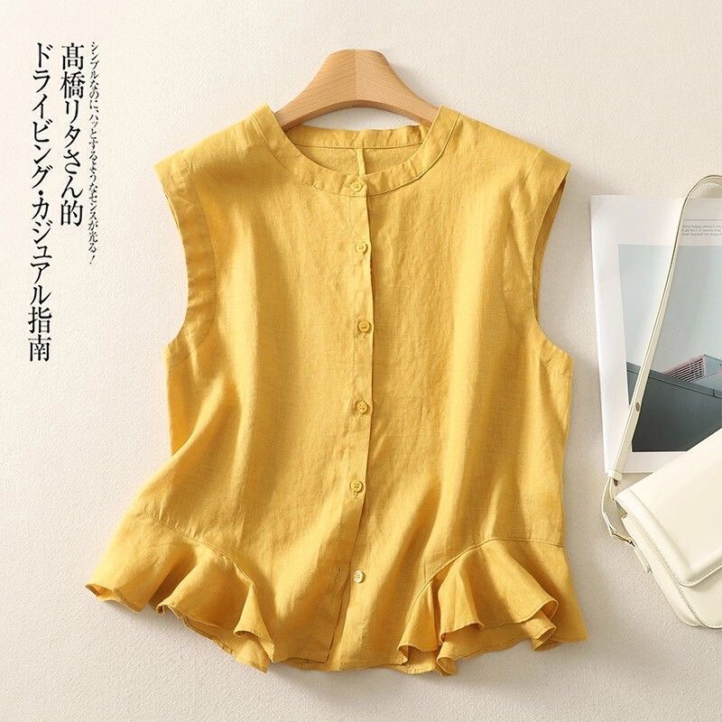 2025 Summer New Style T-Shirt Camisole Cotton Linen Sleeveless Top for Women with Ruffle Hem and Single-Breasted Shirt, Stylish