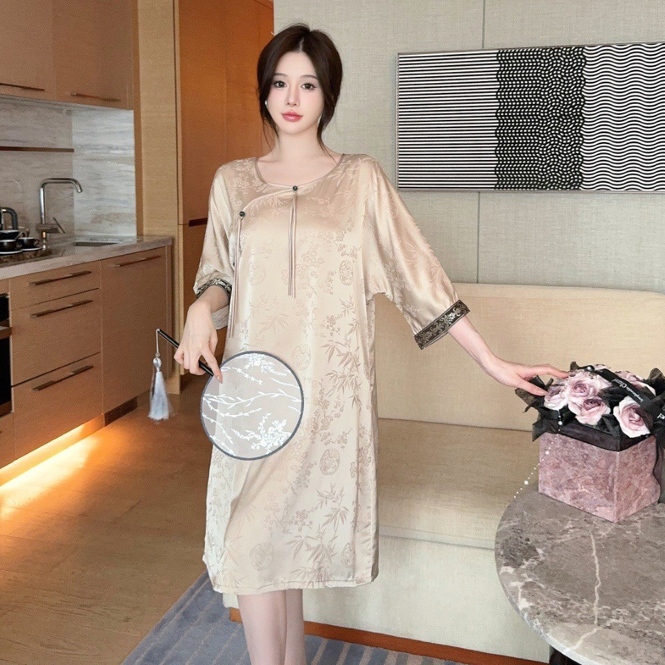 Summer National Style Golden Nightgown Half-length Sleeve Mid-length Jacquard Ice Silk Outwear New Chinese Pajamas