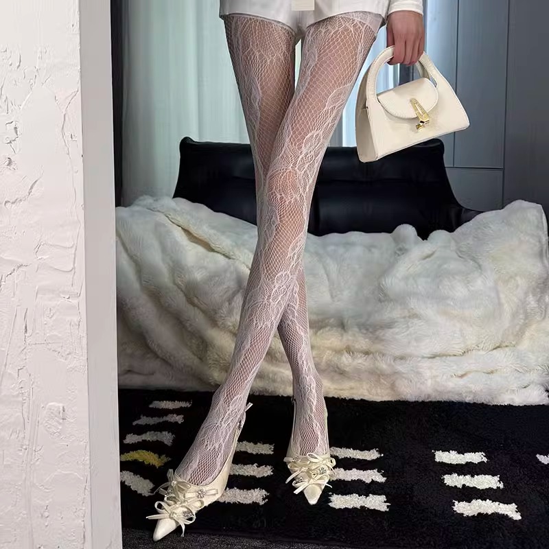 White Floral Lolita Stockings for Women, Spring and Autumn Thin Style, Sexy and Emotional Forest Beauty Leg Base Mesh Stockings with Letters