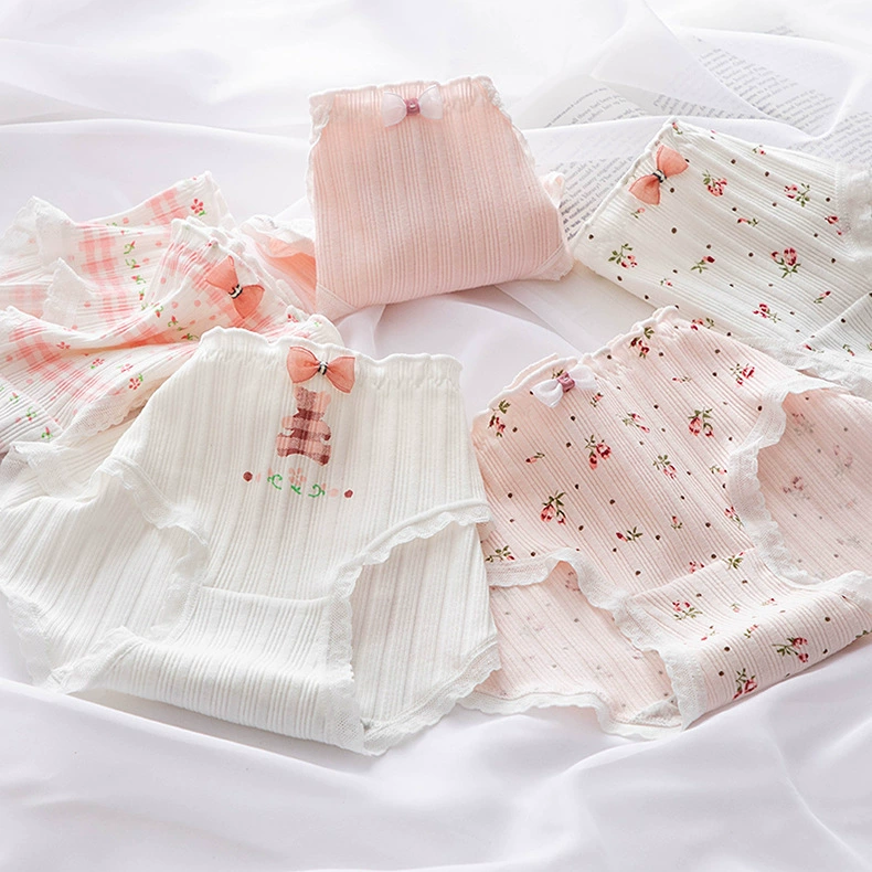 Cotton mid‑rise panties, retro floral print, cute fresh style, sizes M–XL