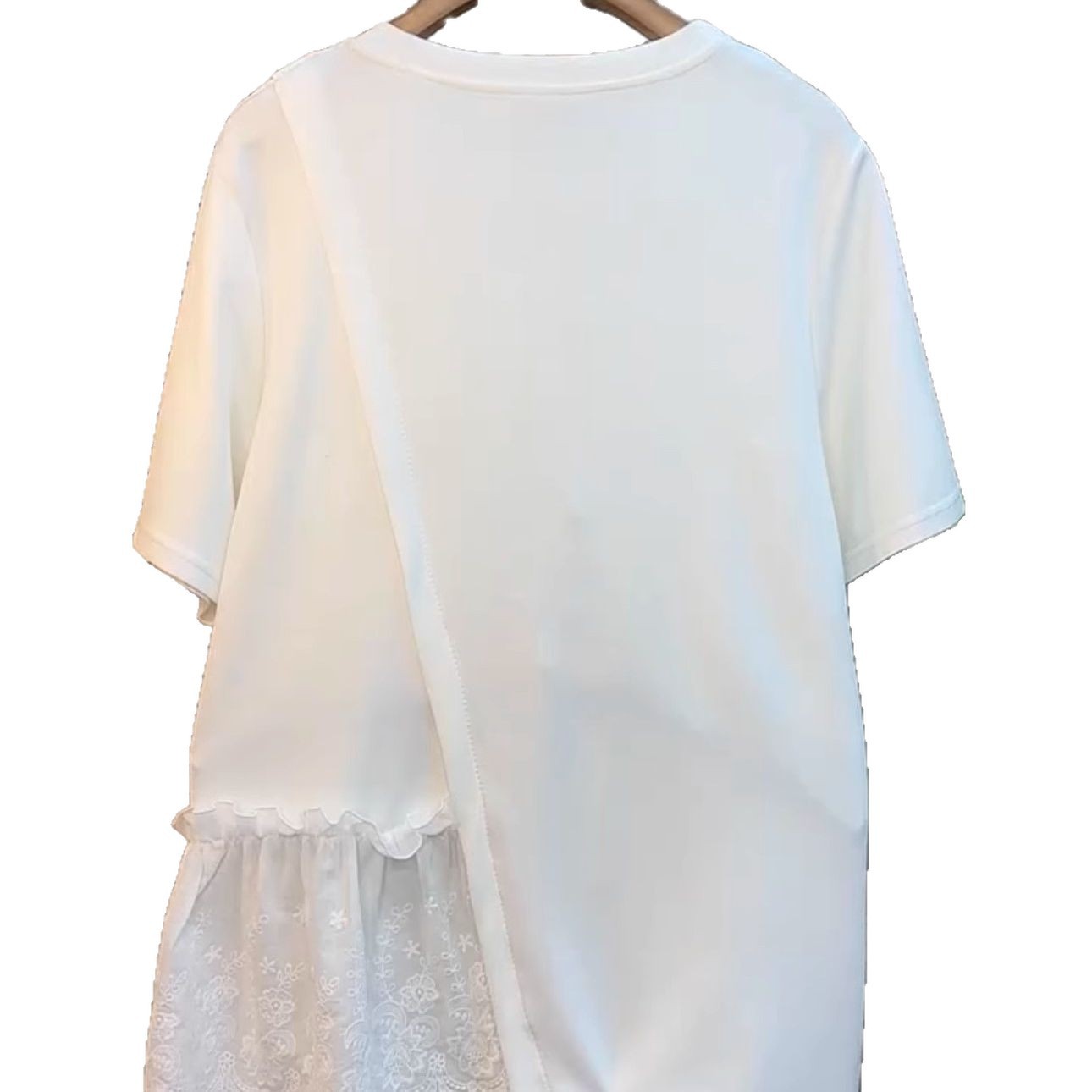 Gran tamaño gordo mm encaje cosido camiseta de manga corta mujer irregular verano 2025 nuevo suelto delgado blusa de cobertura image 5