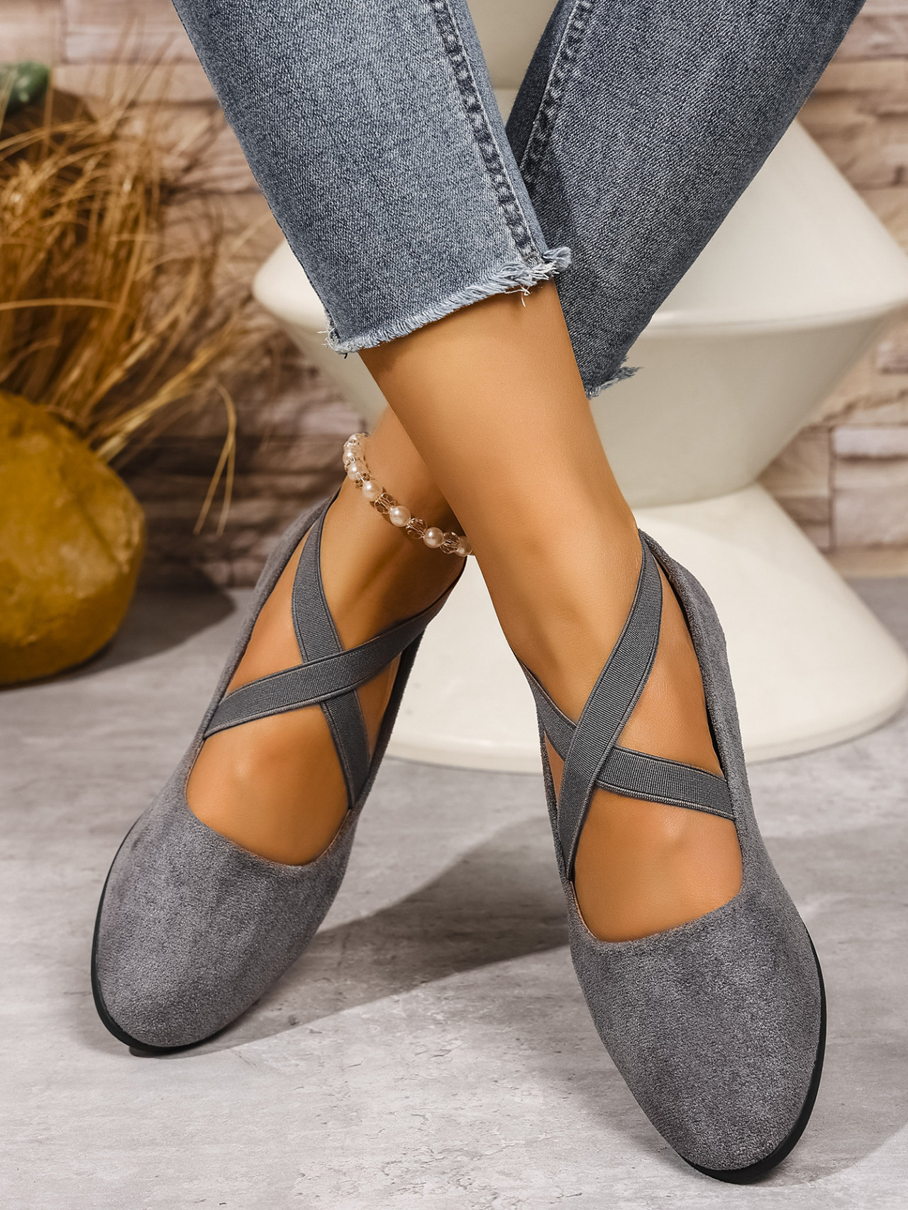 Chaussures compensées en daim pour femme avec bande élastique_voghion.com