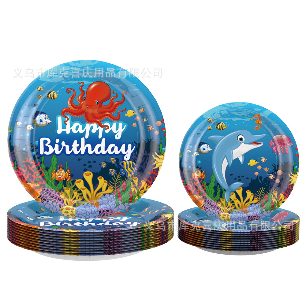 Niños mundo submarino fiesta decoración suministros delfín tema plato de papel desechable taza de papel vajilla tire bandera traje