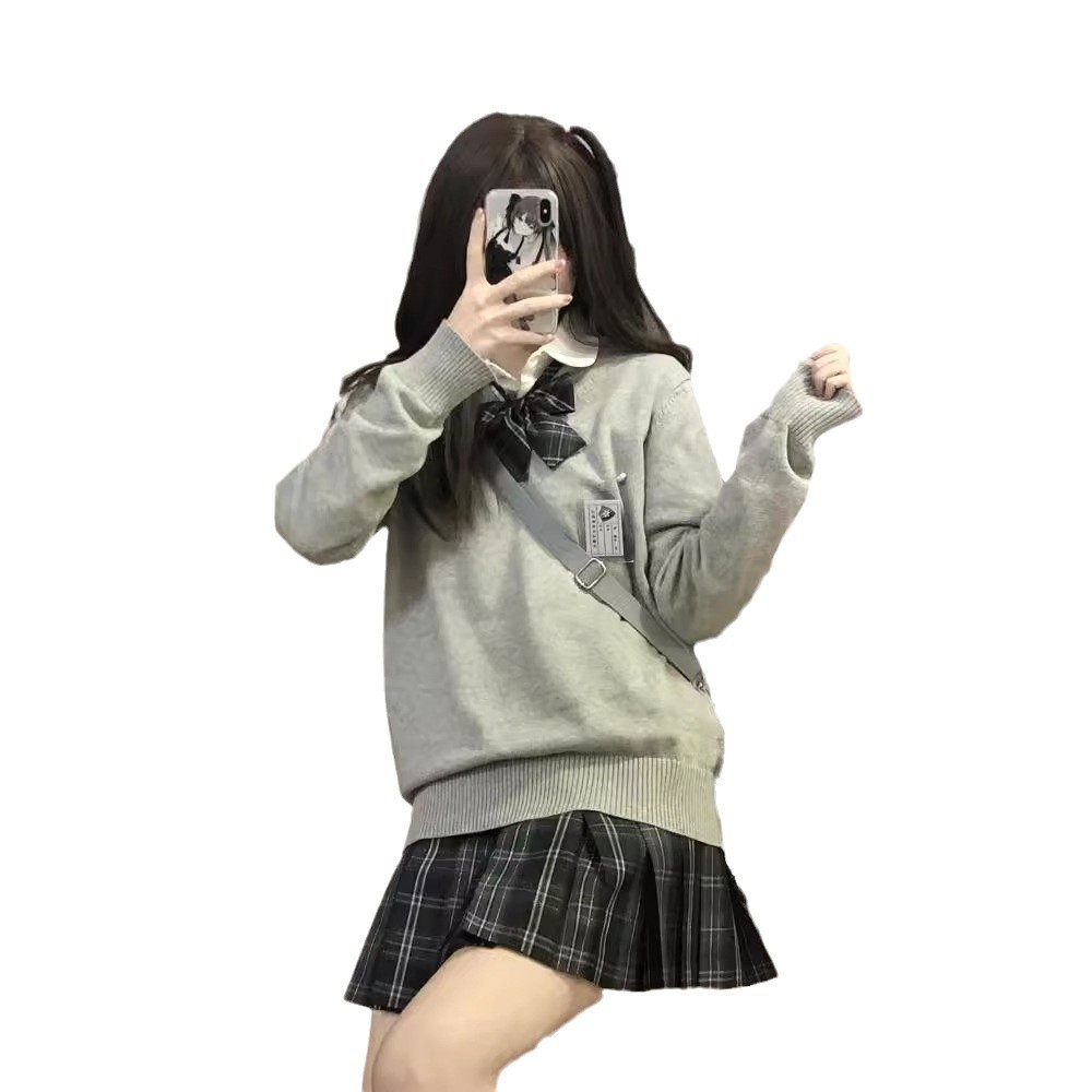 2024 V 넥 풀오버 여성 솔리드 컬러 대학 스타일 일본 JK 유니폼 가을, 겨울 스웨터-긴팔 가을 스타일