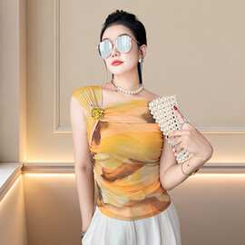 跨境2026新款短袖印花领网纱t恤女时尚修身露肩显瘦打底衫潮代发