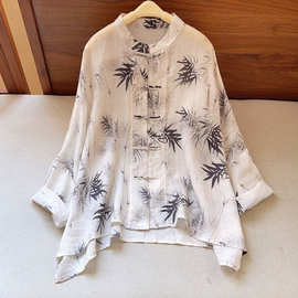 2025春季新款现货复古新中式国风棉麻印花盘扣大码开衫防晒衬上衣