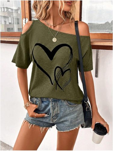 Eurasian cross-border Amazon design summer new sexy off-shoulder print casual foreign trade heart T-shirt
