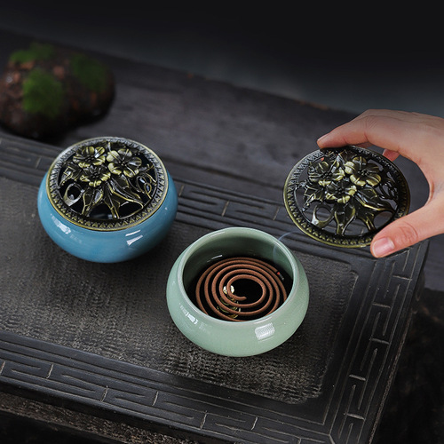Mo Xiang Yun Ceramic Incense Burner Household Creative Ornament Three-Foot Guanyao Ice Crack Kiln Transformation Indoor Coil Incense Burner