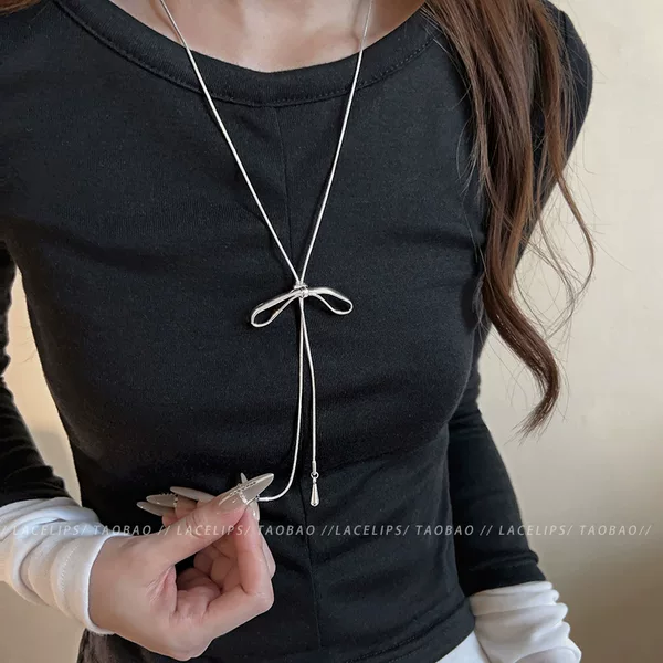 Silver Bowknot Pull-Out Necklace for Women, Simple Ins-Style Minimalist Long Accessory, Korean Fashion Elegant Clavicle Chain