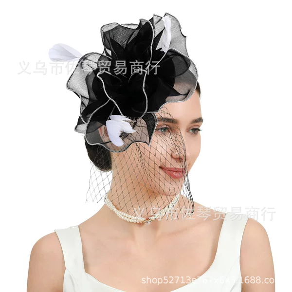 Amazon European and American Organza Hat Headwear Tea Party Headwear Mesh Feather Headband Hair Accessories Women's Hair Hoop Hairpin