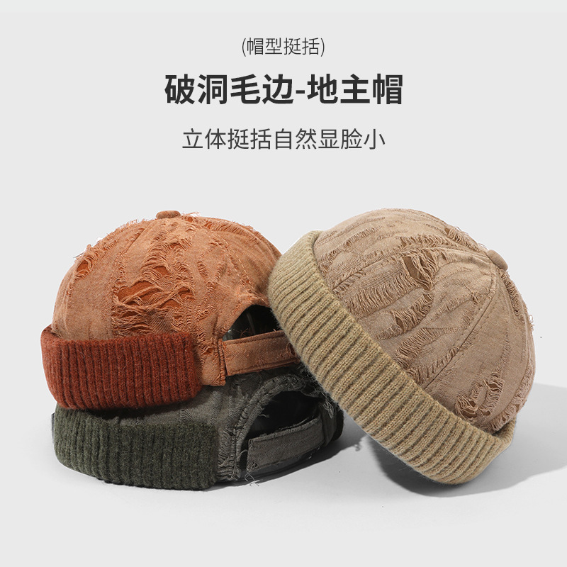 春秋新款废土风软顶破洞磨毛地主帽雅痞瓜皮帽无檐复古街头包头帽|undefined