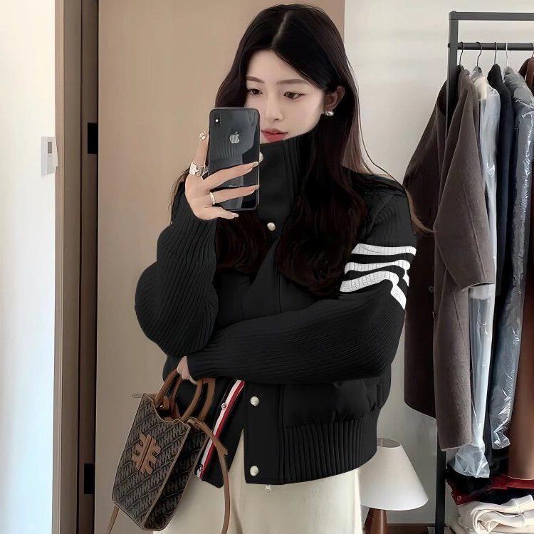 小个子穿搭针织拼接羽绒棉服女短款TB冬季休闲外套女立领棉衣加厚|undefined