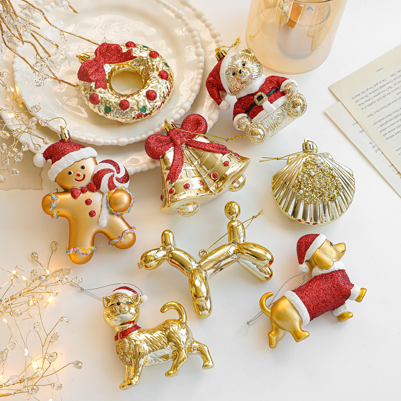 Nuevo producto dorado dorado rojo rosa brillante plástico ins colgante de dibujos animados árbol de Navidad decoración de ventana