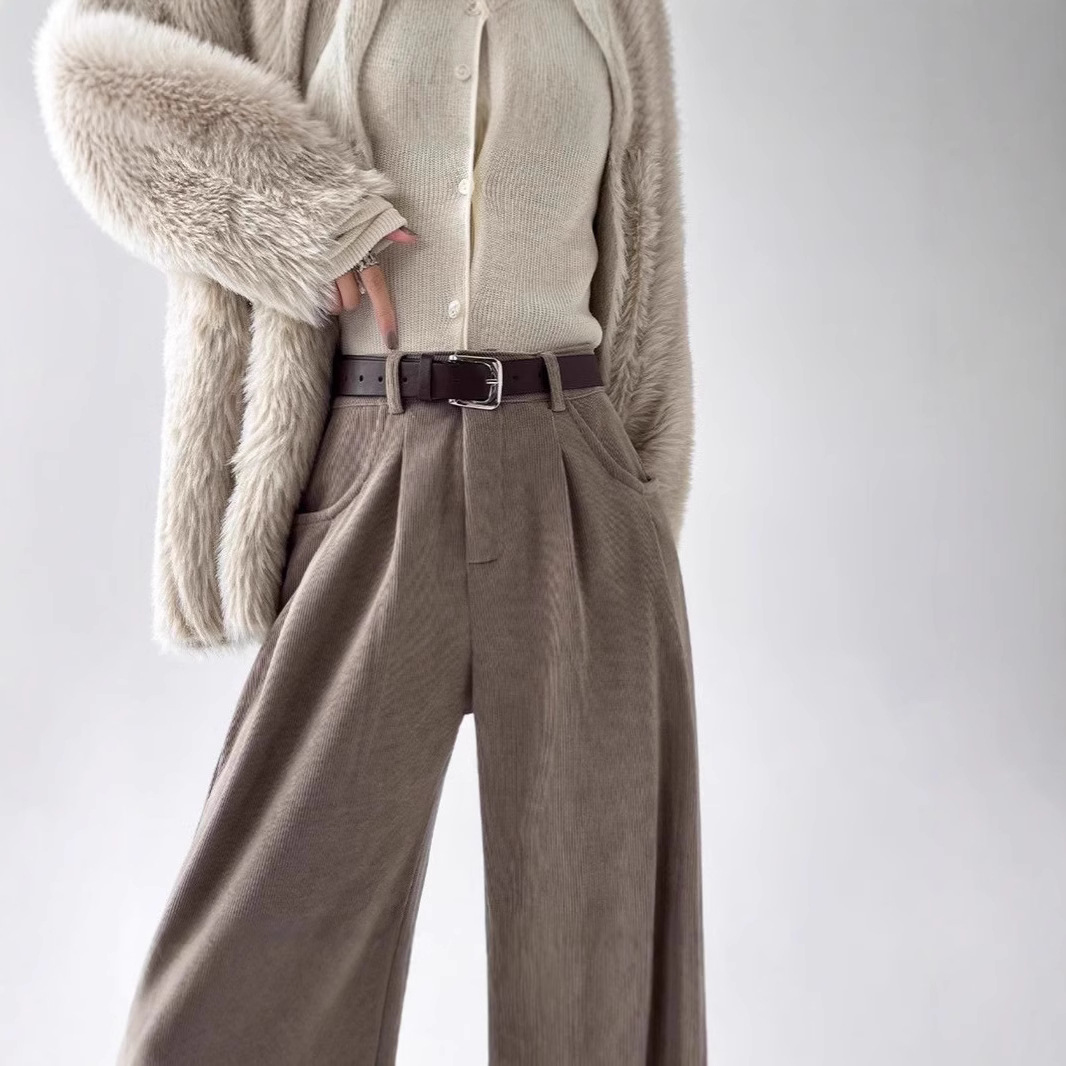 Retro European Cotton Fleece Wide-leg Pants Women's Autumn and Winter fleece-lined Western Style Loose Mop Pants High Waist Dummy Straight-leg Pants