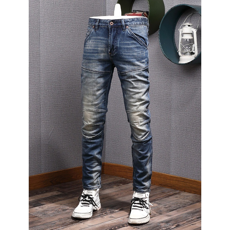 Spring and Autumn European Station Spliced Retro Blue Jeans for Men, Slightly Stretchy, Washed, Slim Fit, Youth Urban Trend Spring and Autumn European Station Spliced Retro Blue Jeans for Men, Slightly Stretchy, Washed, Slim Fit, Youth Urban Trend