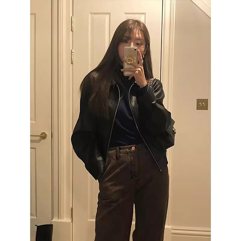 South Korea's Dongdaemun Leather Jacket Women's 2025 Spring & Fall New Short Retro Loose Slim Motorcycle Jacket Pu Jacket South Korea's Dongdaemun Leather Jacket Women's 2025 Spring & Fall New Short Retro Loose Slim Motorcycle Jacket Pu Jacket