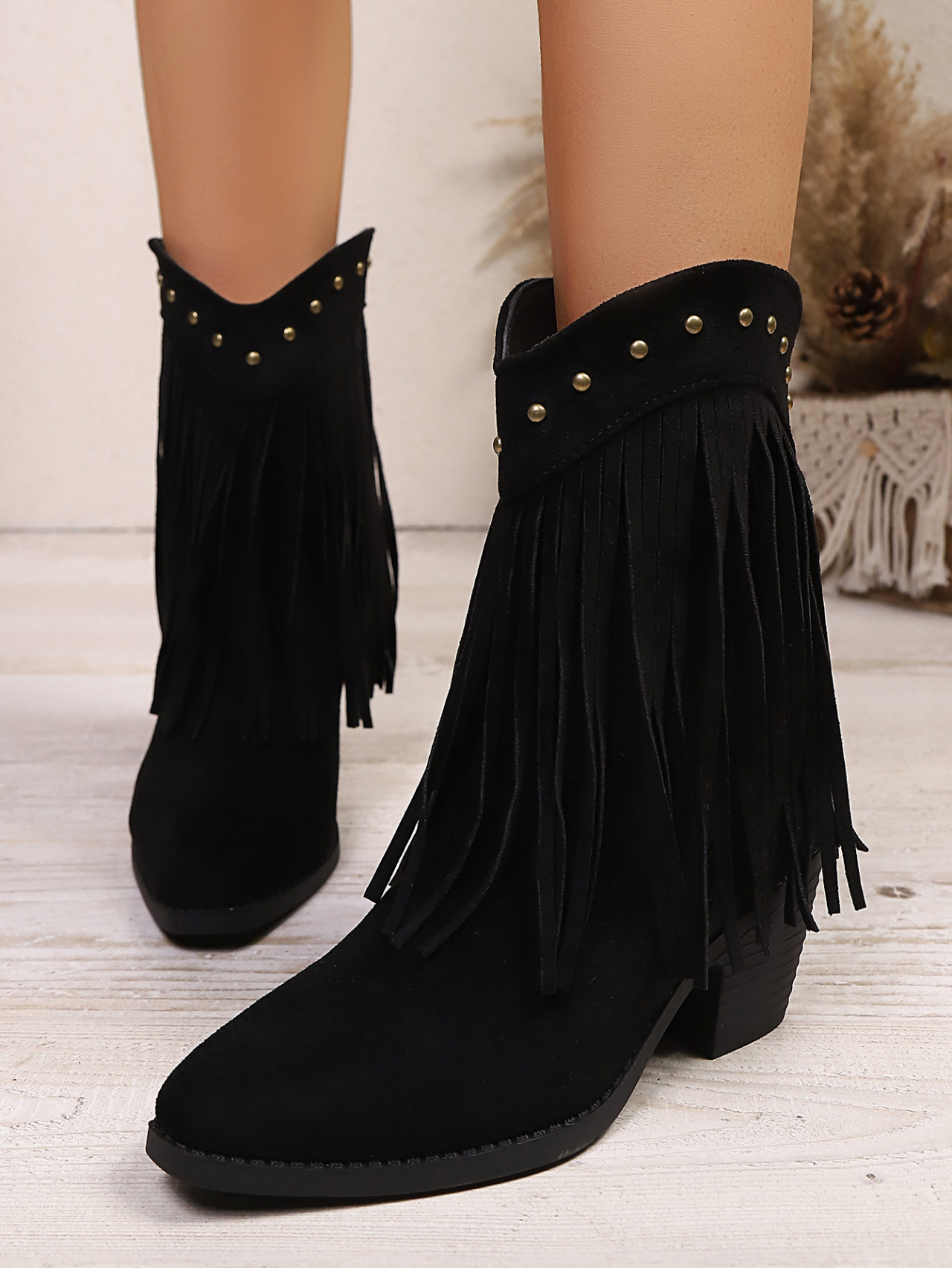 Damen Cowboy Stiefel Aus Wildleder Mit Blockabsatz Und Fransen_voghion.com