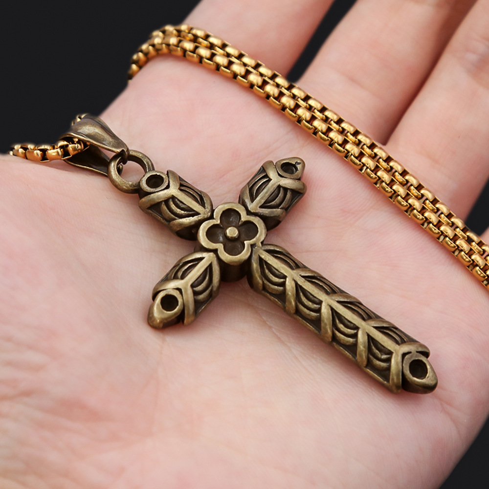 Titanium Colorless Cross Flower Necklace Pendant for Men's Stainless Steel Neckchain Jewelry_voghion.com