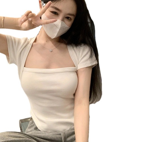 Lady's Short Sleeve New Summer Fitted Irregular Cute Square Collar Top Trendy Ins Teenage Fashion Short T-Shirt