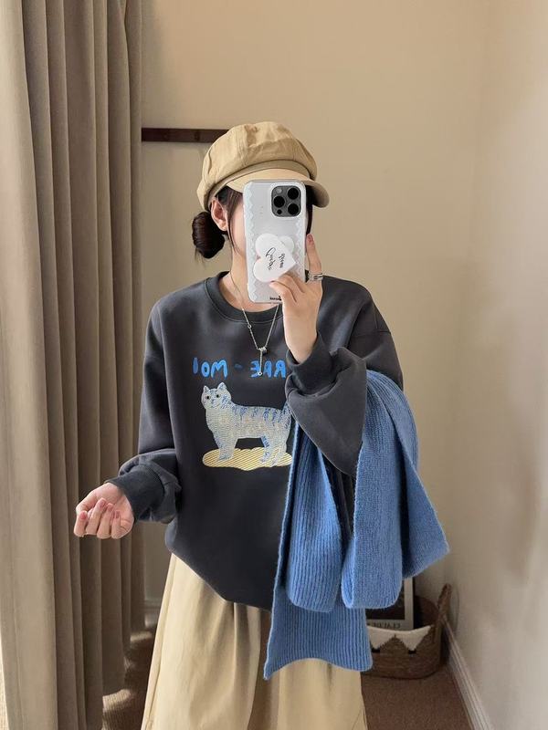 韩国东大门猫咪刺绣圆领卫衣女秋季新款氛围感慵懒宽松长袖上衣|undefined