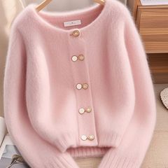 秋冬の新型の婦人服の柔らかいモチモチの怠惰な風の乳のfufuピンクの丸首の厚いニットのセーターのカジュアルなコート