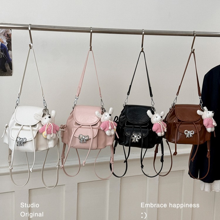 Women's Soft PU Solid Color 2026 New Fashion Versatile Bow Backpack Multifunctional Single Shoulder Crossbody Bag_voghion.com