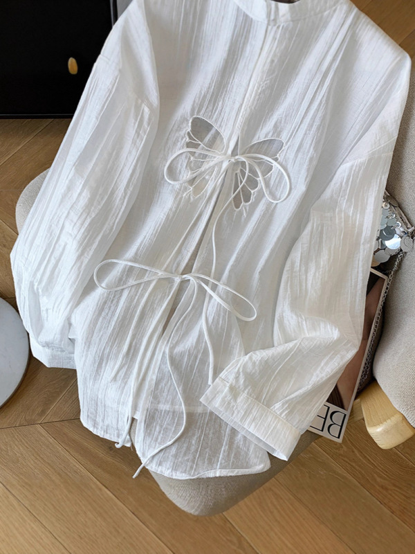 蝴蝶绑带开叉防晒衬衫女夏季新款薄款外搭设计感小众长袖开衫外套|undefined