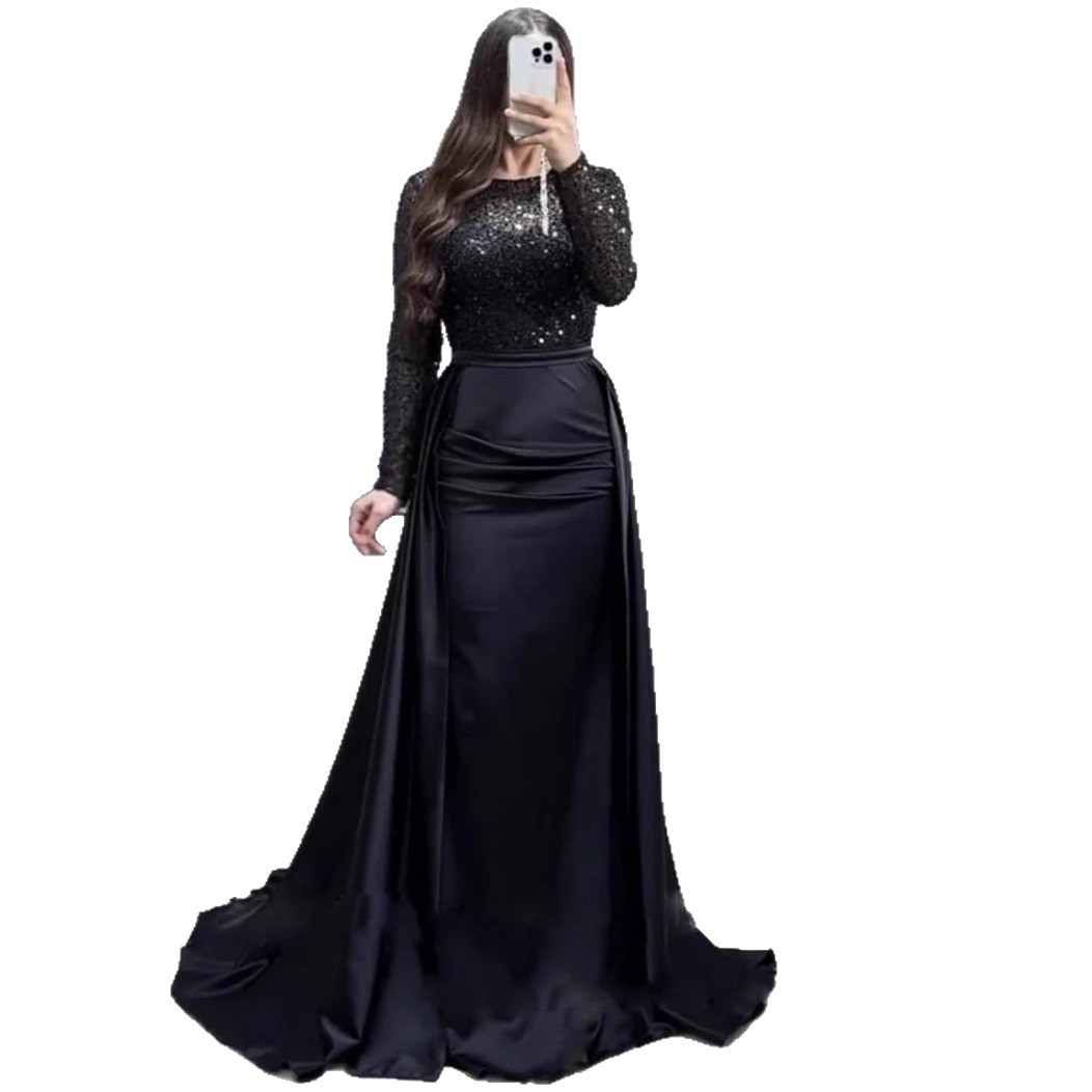Women's Elegant Sequined Evening Gown Long Sleeved Banquet Dress American Style Fashion For Annual Meeting Host Queen Aura_ecoleips.com