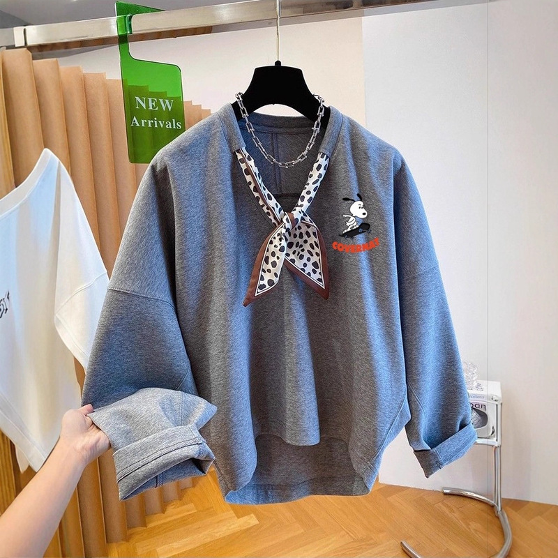 Extra Large Size 120kg European Design Irregular Tie Silk Scarf Sweatshirt Women's Spring & Fall Retro Hooded Top Trendy