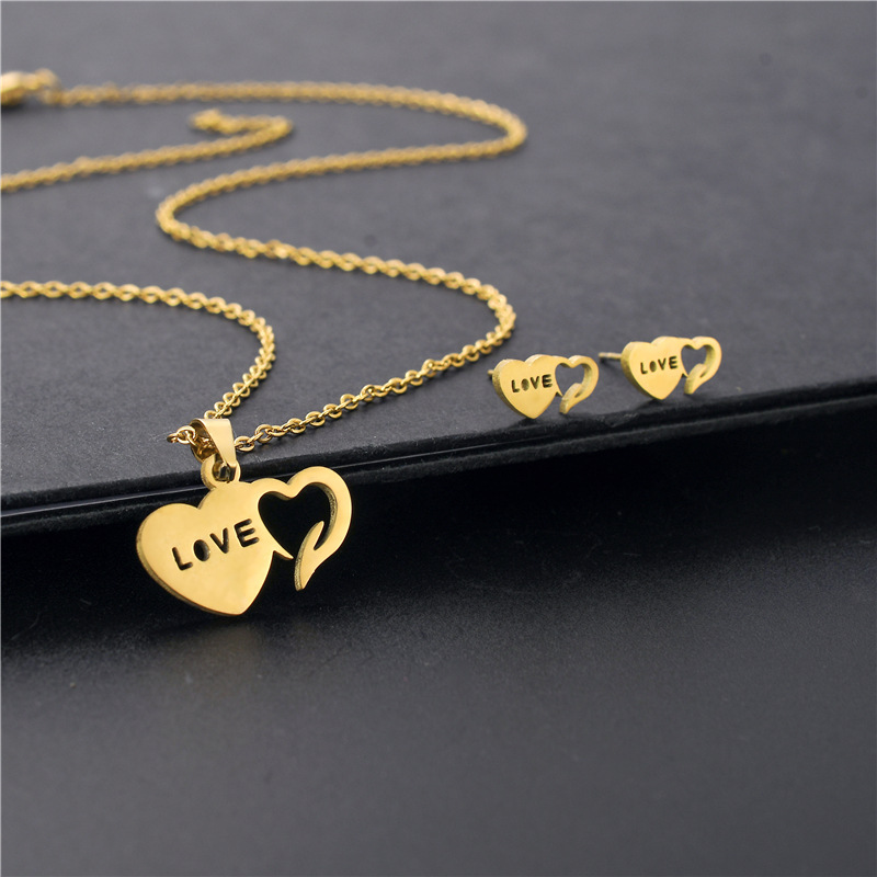 Fashion Hollow Heart-shaped Titanium Steel Earrings Necklace Set display picture 2