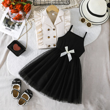 跨境专供—女童简约时尚夏装 白色双排扣外套+黑色纱裙纯色系套装