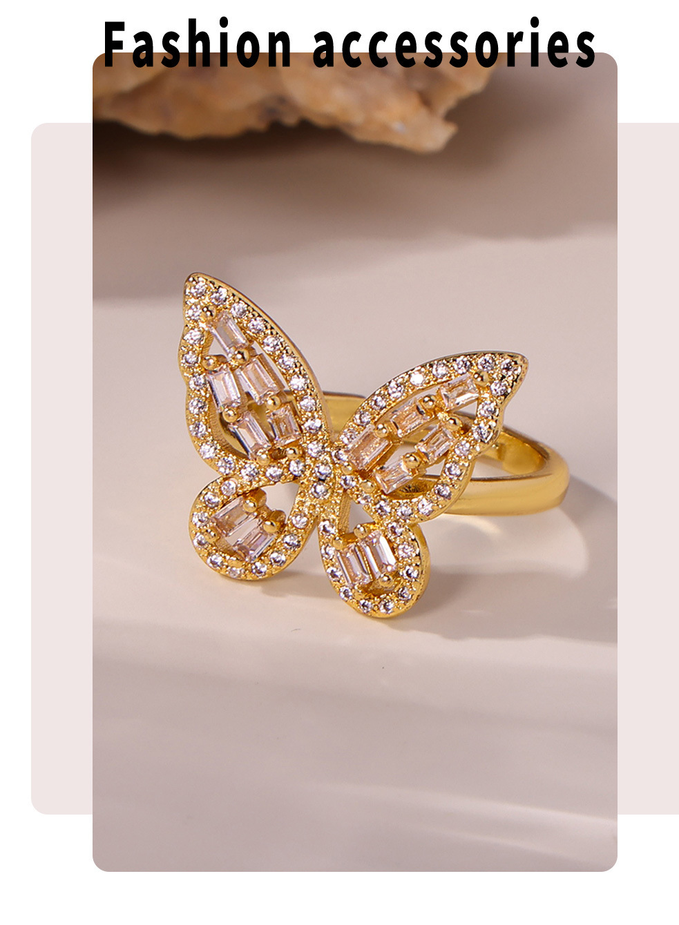 Square Sugar Ins Butterfly Fairy Zircon Ring Fashion Personality Copper Niche Open Mouth Ring_voghion.com