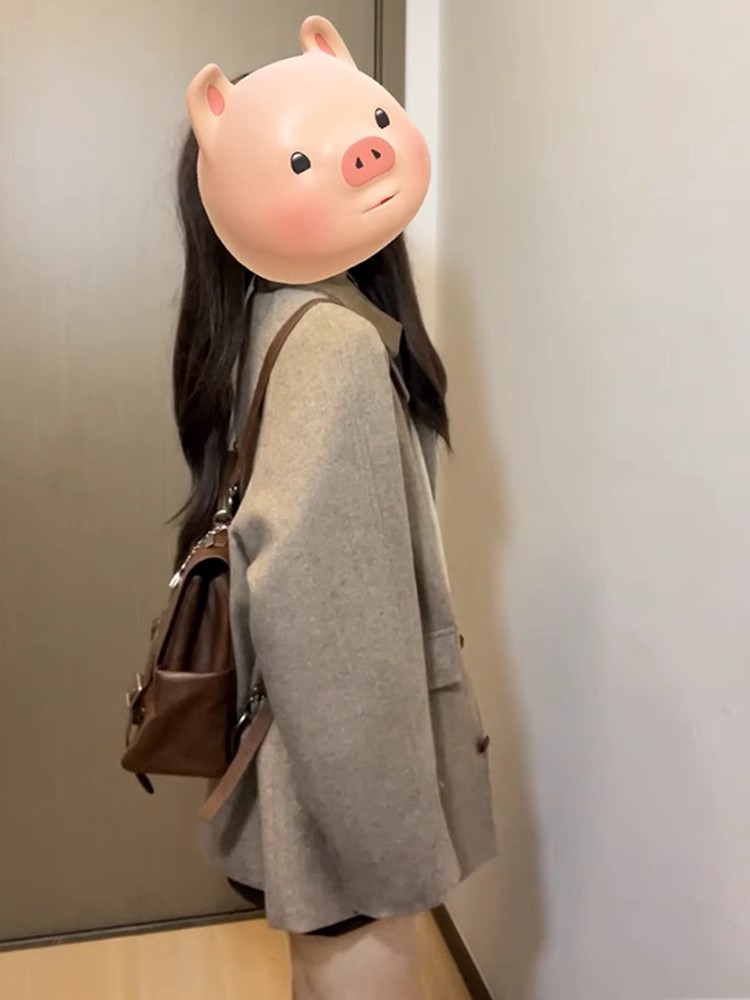 Casual, Fashionable, Retro, High-End Woolen Suit Outwear for Women, Autumn and Winter Small and Medium-Length Loose Outwear